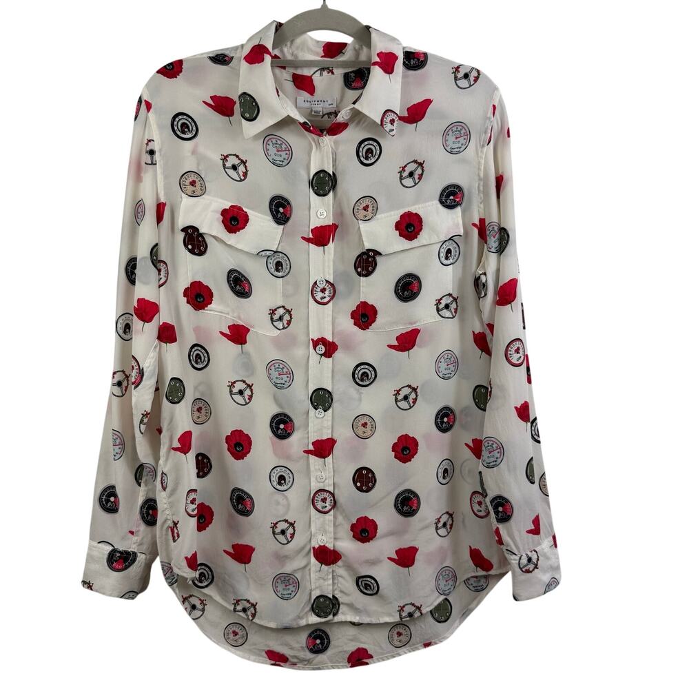 Equipment Femme Ivory Floral Automotive Print Button Up Shirt 100% Silk Medium